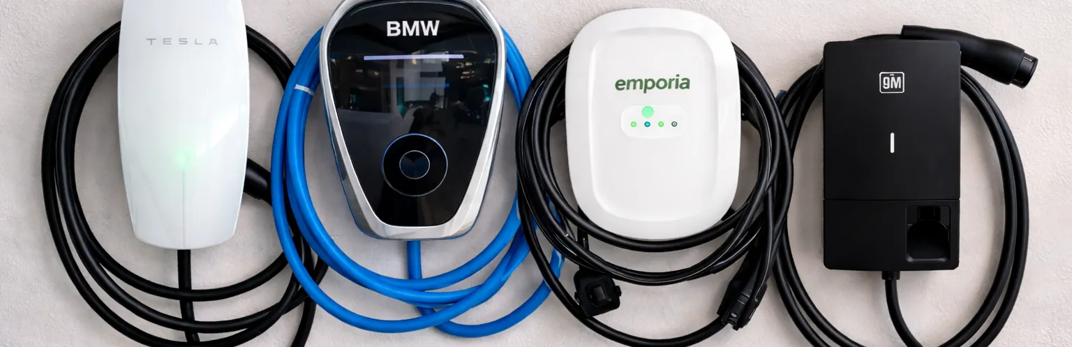 A lineup of home EV chargers in a Northern Virginia garage