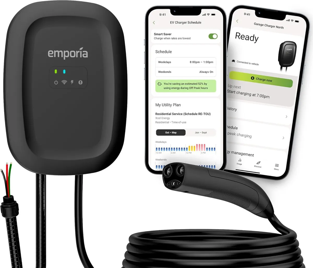 Black Emporia hardwired charger in a home garage
