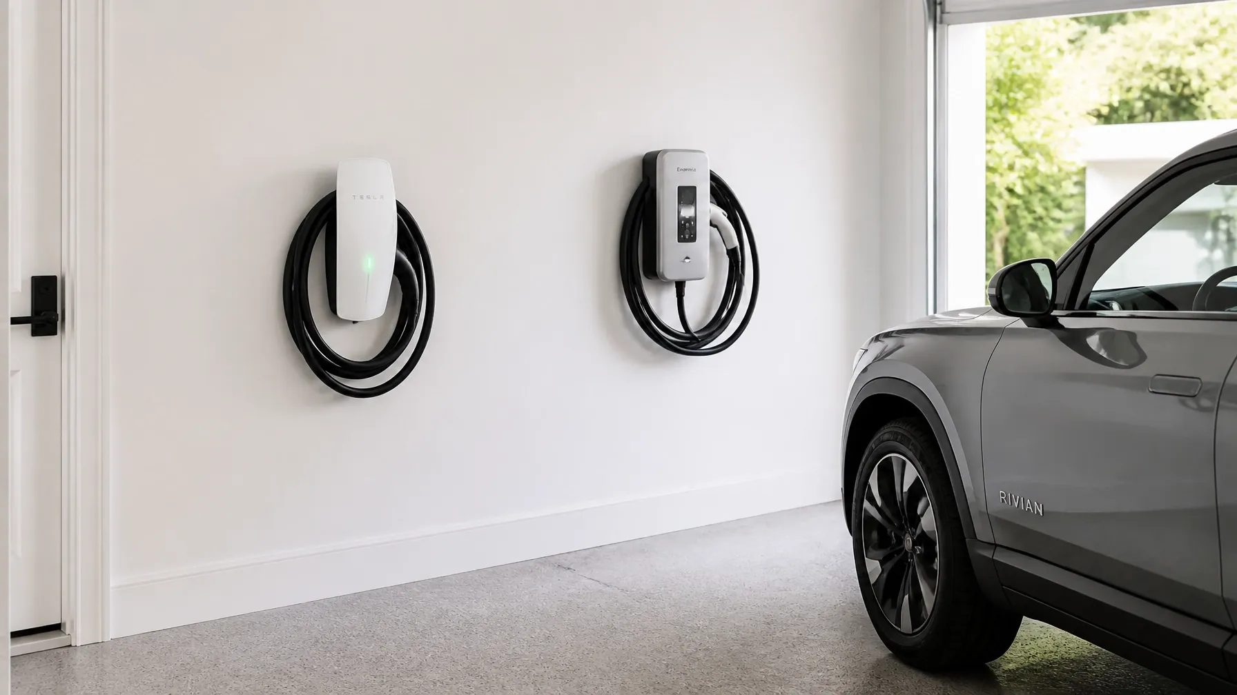 Tesla and Emporia chargers ready in a clean home garage